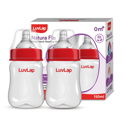 Anti-Colic Wide Neck Natura Flo Baby Feeding Bottle, 150ml, Red (Pack of 2)