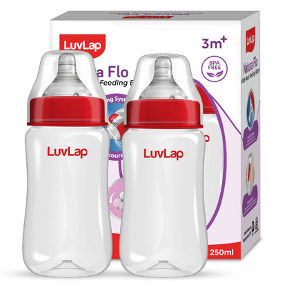 Anti-Colic Wide Neck Natura Flo Baby Feeding Bottle, 250ml, Red  (Pack of 2)