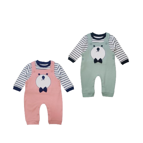 Kids Striped Shirt with Printed Dungaree Set (Pink and Steel Blue)