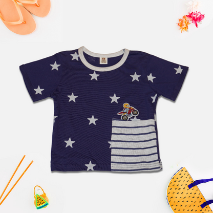 Kids Blue and Grey Stars Printed T-Shirt and Shorts Set