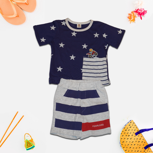 Kids Blue and Grey Stars Printed T-Shirt and Shorts Set