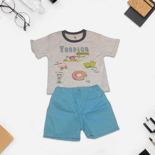 Kids Grey and Blue Printed T-Shirt and Shorts Set