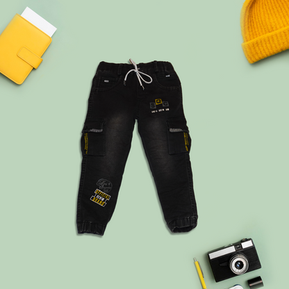 Boys Printed Black Denim Slim Fit Jeans