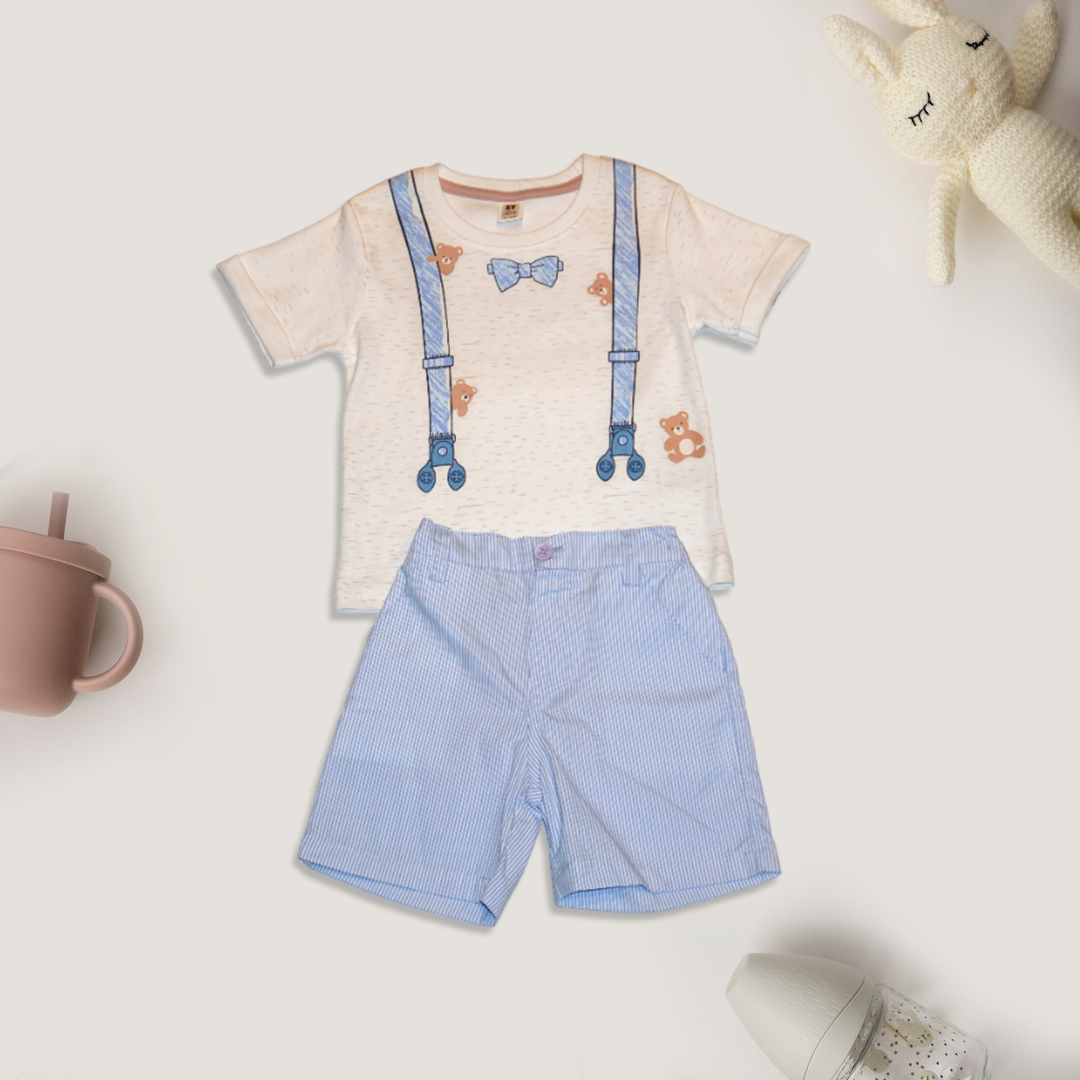 Kids Teddy Printed White T-Shirt and Blue Srtiped Shorts