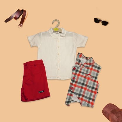 Boys White Shirt, Red Waistcoat and Shorts Foraml Set