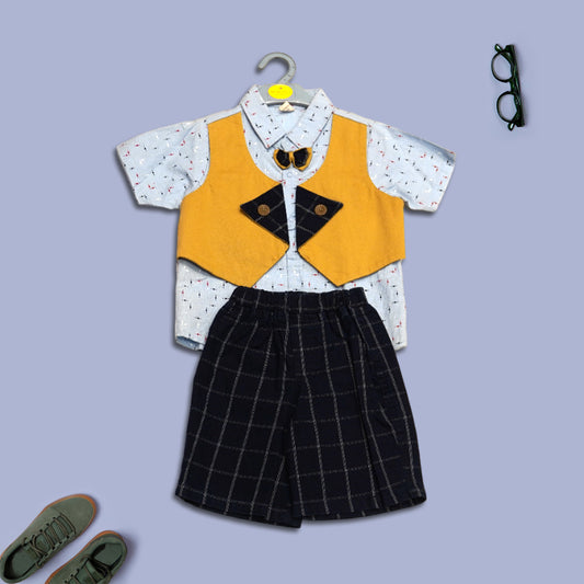 Boys White Cotton All-Over Print Shirt, Yellow Waistcoat and Black Short Set with a Bow