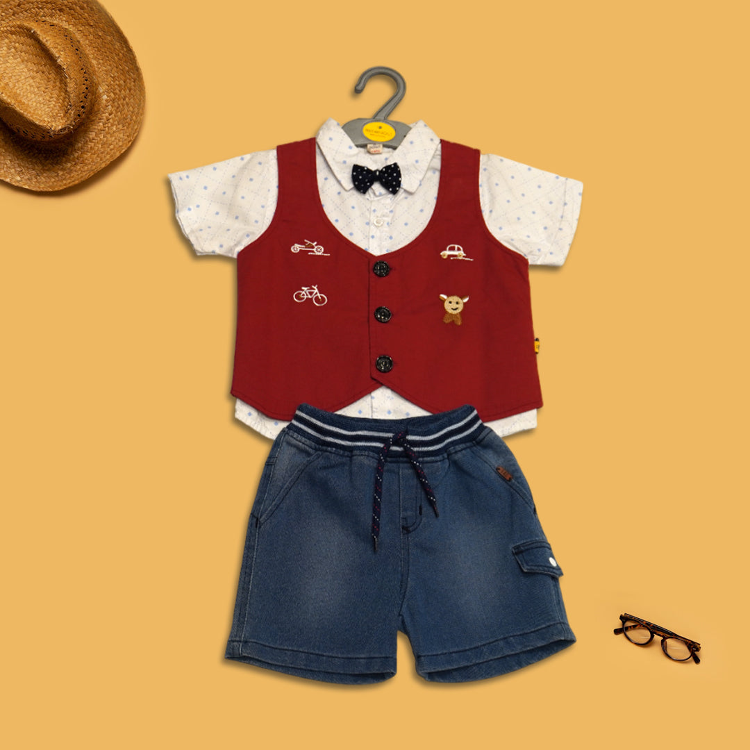 Boys White Cotton All-Over Print Shirt, Red Waistcoat and Blue Short Set with a Bow