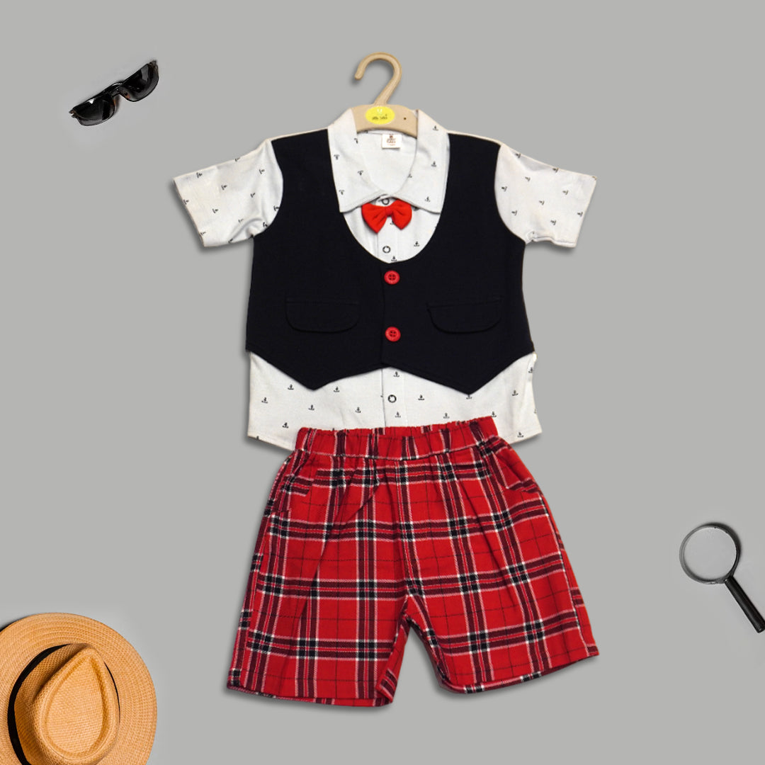 Boys White Printed Half Sleeves Shirt with Black Waistcoat & Red Short Set with Applique Bow