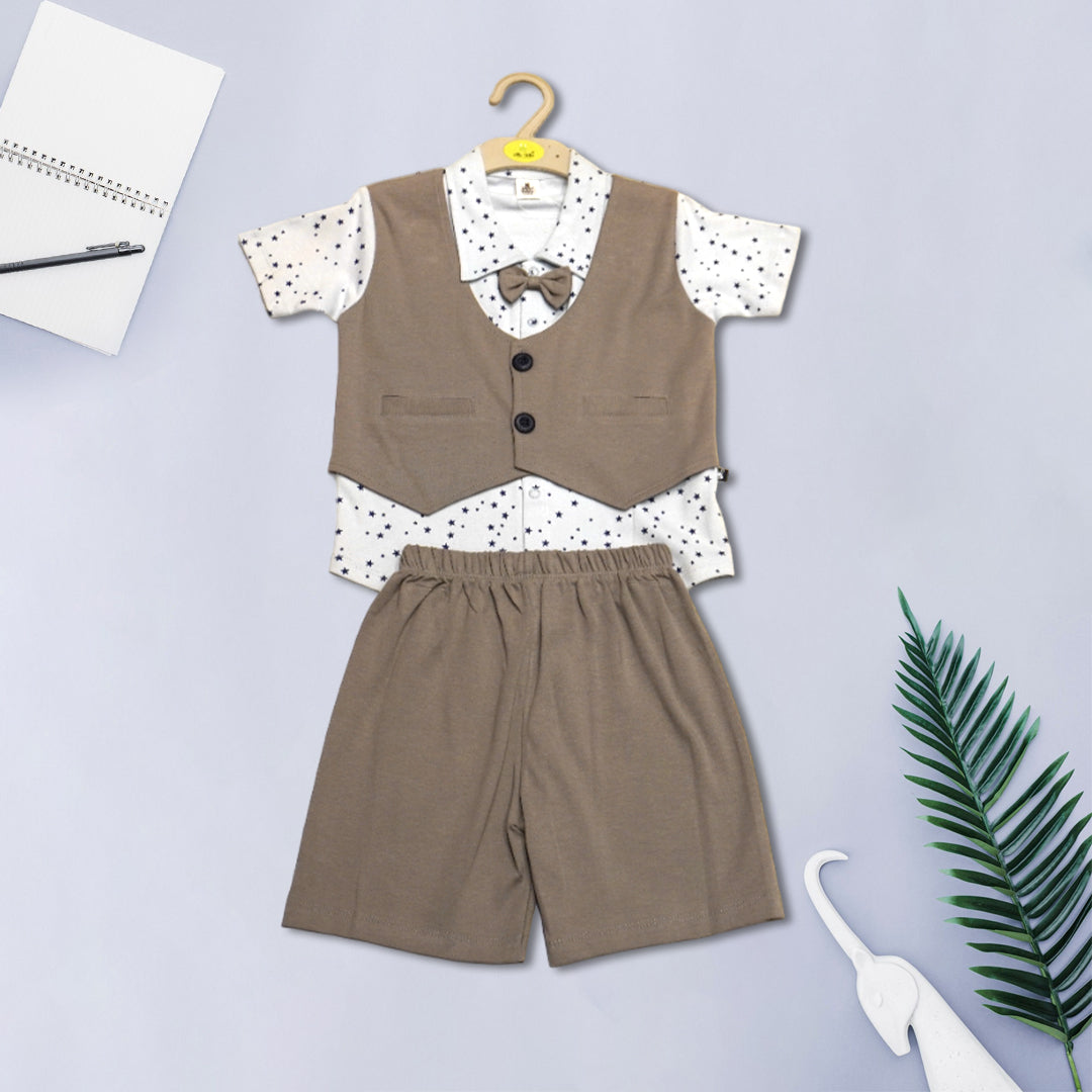 Boys White and Beige All-Over Print Shirt, Waistcoat and Shorts Formal Set With Bow