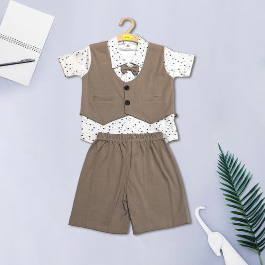 Boys White and Beige All-Over Print Shirt, Waistcoat and Shorts Formal Set With Bow