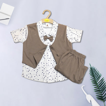 Boys White and Beige All-Over Print Shirt, Waistcoat and Shorts Formal Set With Bow