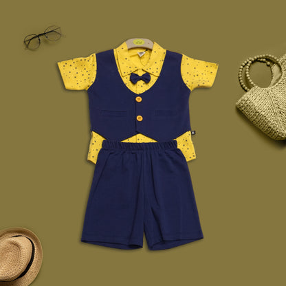 Boys Blue and Yellow All-Over Print Shirt, Waistcoat and Shorts Formal Set With Bow