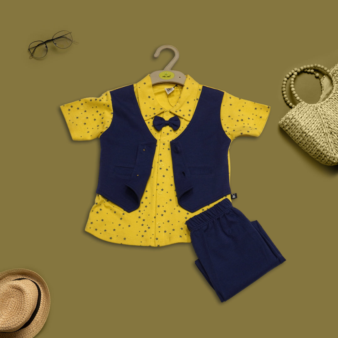 Boys Blue and Yellow All-Over Print Shirt, Waistcoat and Shorts Formal Set With Bow