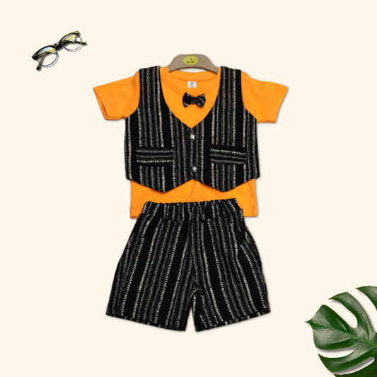 Bold N Elegant Orange T-shirt with attached Black Striped Waistcoat and Bow tie