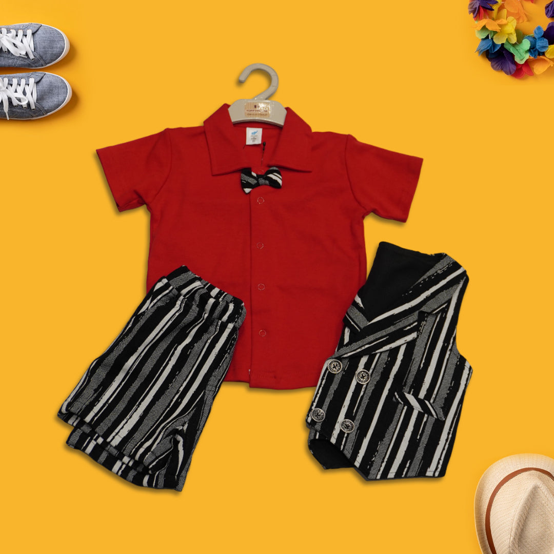 Maroon & Black Boys Shirt Waistcoat & Short Set with Applique Bow