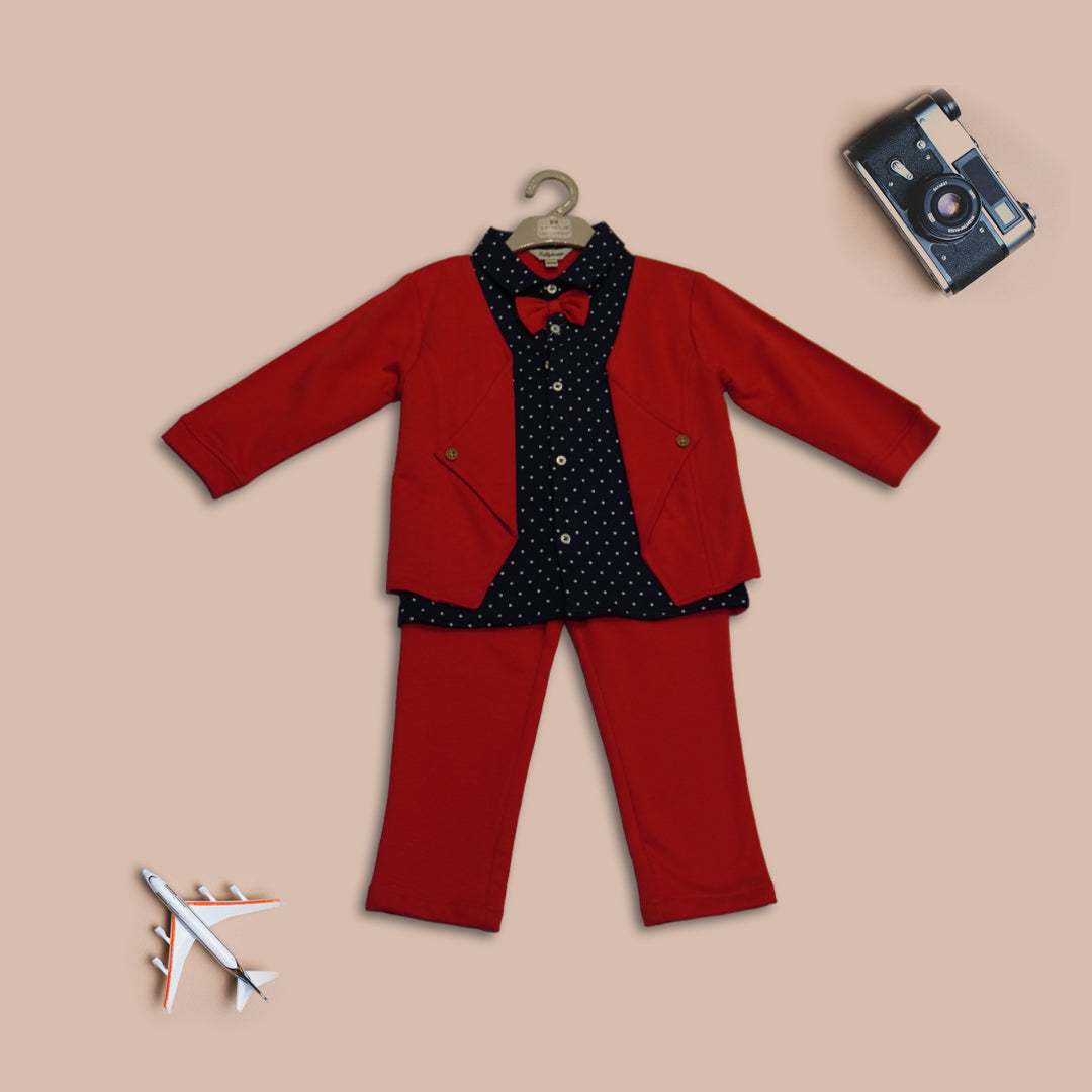 Boys Printed Cotton Long Sleeve Shirt,Trouser & Blazer (Red)