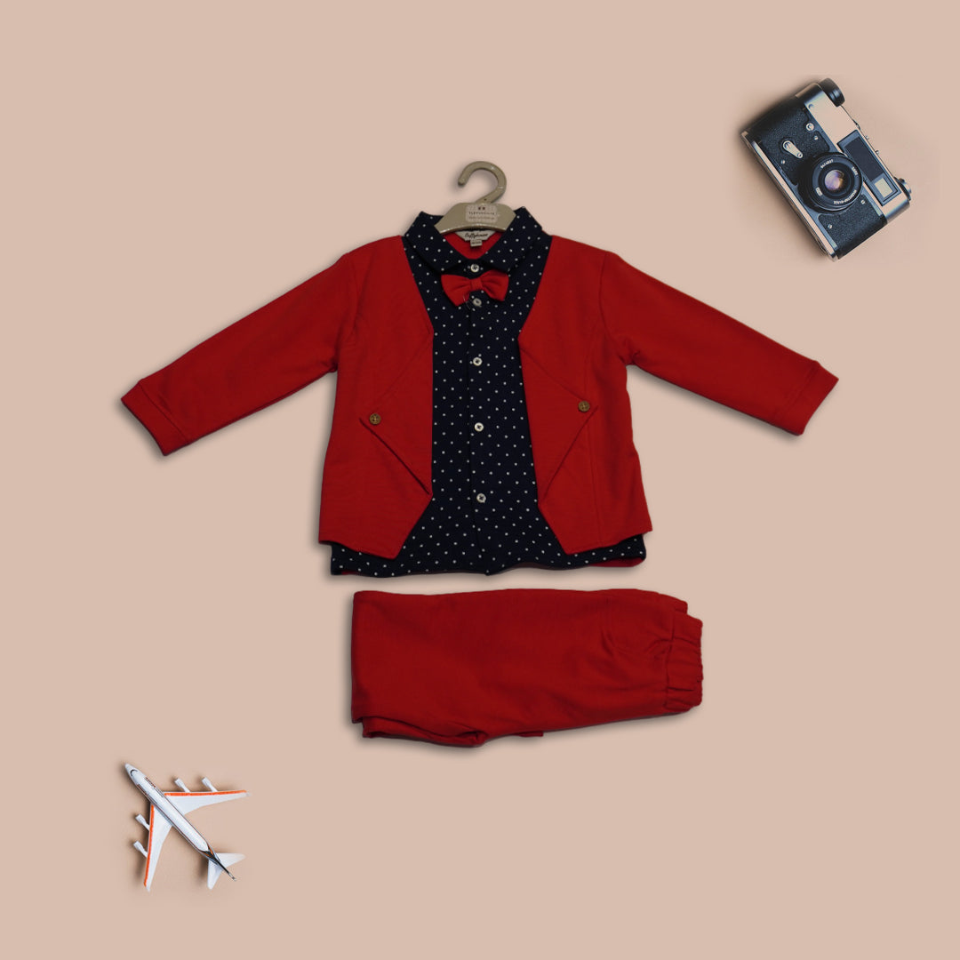 Boys Printed Cotton Long Sleeve Shirt,Trouser & Blazer (Red)