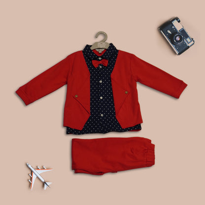 Boys Printed Cotton Long Sleeve Shirt,Trouser & Blazer (Red)