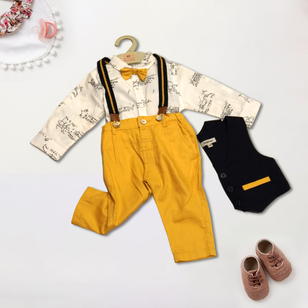 4 Pcs Suspender set with printed halfwhite shirt, yellow pant, bow and waistcoat