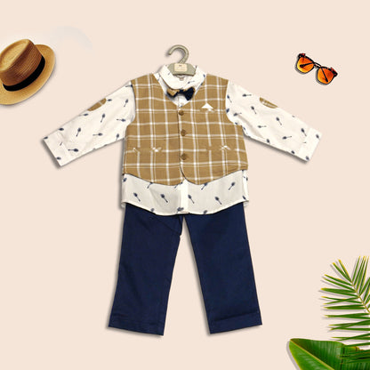 Boys Suspender set with White Printed Shirt, Beige Waistcoat And Pant Set With Bow