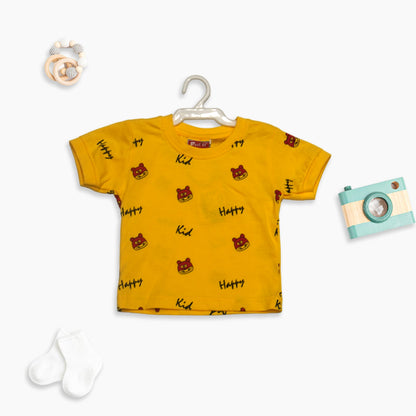 Dungare and Half Sleeve T-Shirt with Teddybear Print - Yellow and Blue