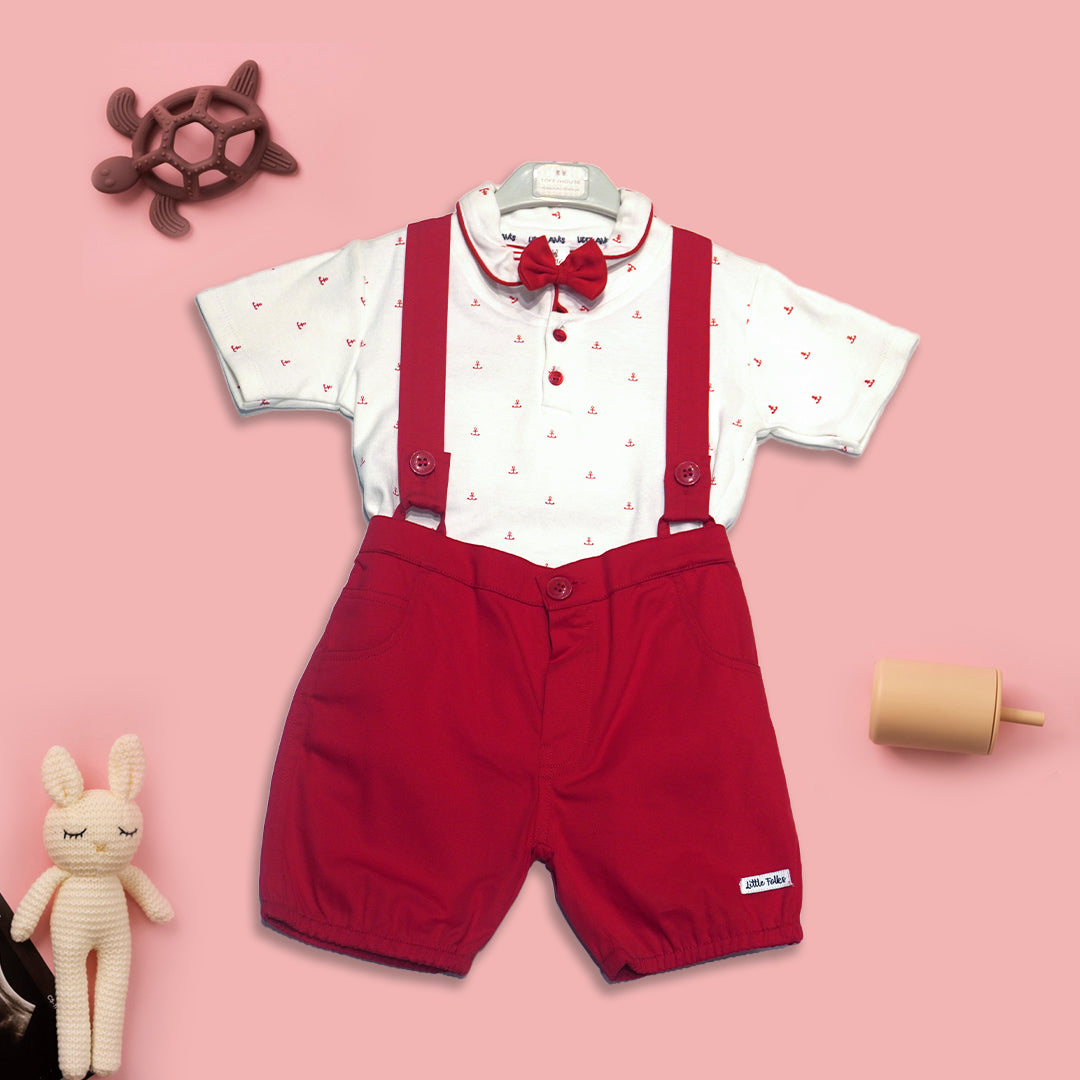 Printed White Shirt with Red Dungaree & Bow Set