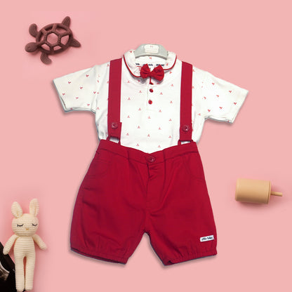 Printed White Shirt with Red Dungaree & Bow Set