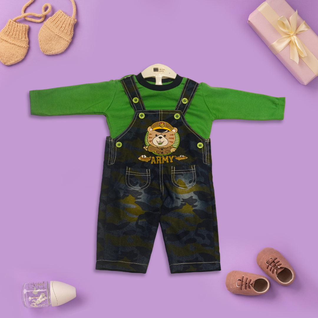 Full Sleeves Teddy Printed Tee With Embroidered Denim Dungaree (Green)