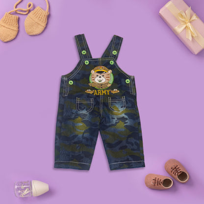 Full Sleeves Teddy Printed Tee With Embroidered Denim Dungaree (Green)