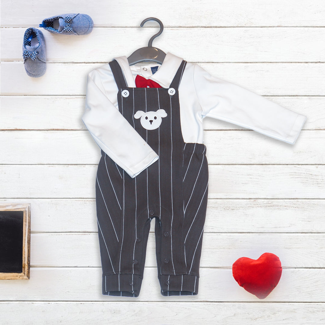 Full Sleeves Party T-Shirt & Striped Dungaree with Bow Tie- Grey & White