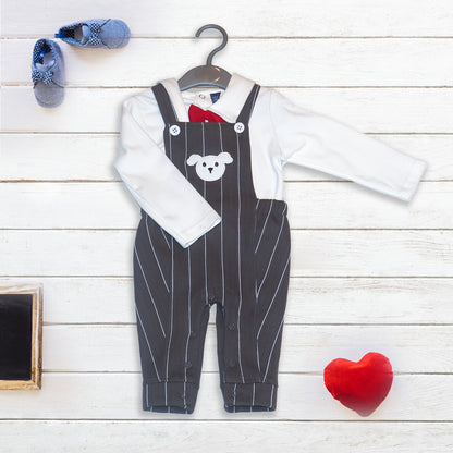 Full Sleeves Party T-Shirt & Striped Dungaree with Bow Tie- Grey & White