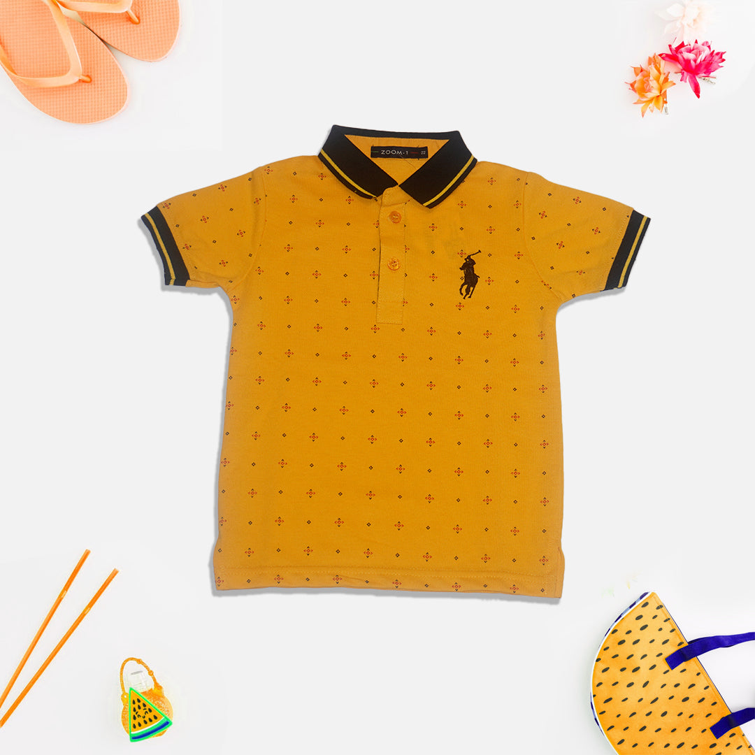 Boys Yellow All-Over Printed T-Shirt with Black Collar