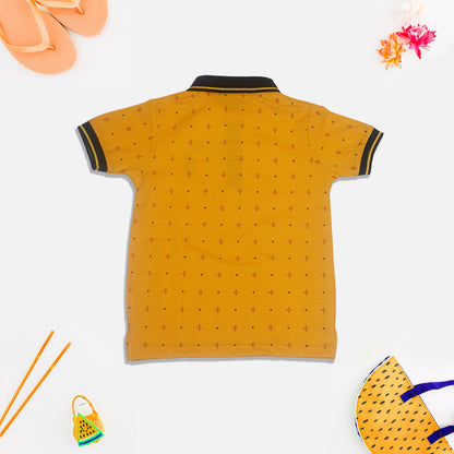 Boys Yellow All-Over Printed T-Shirt with Black Collar