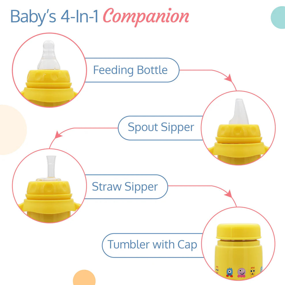 4 in 1 Slim Neck Steel Baby bottle cum Sipper, Yellow, 240 ml