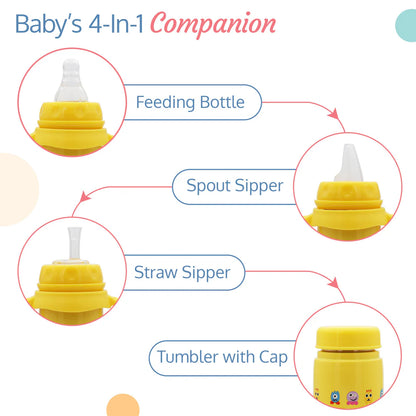 4 in 1 Slim Neck Steel Baby bottle cum Sipper, Yellow, 240 ml