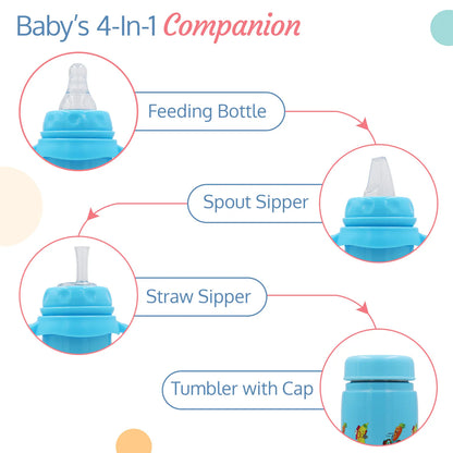 4 in 1 Slim Neck Steel Baby bottle cum Sipper, Blue, 240 ml