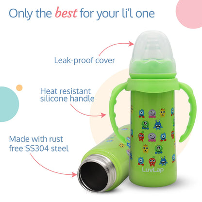 4 in 1 Slim Neck Steel Baby bottle cum Sipper, Green, 240 ml