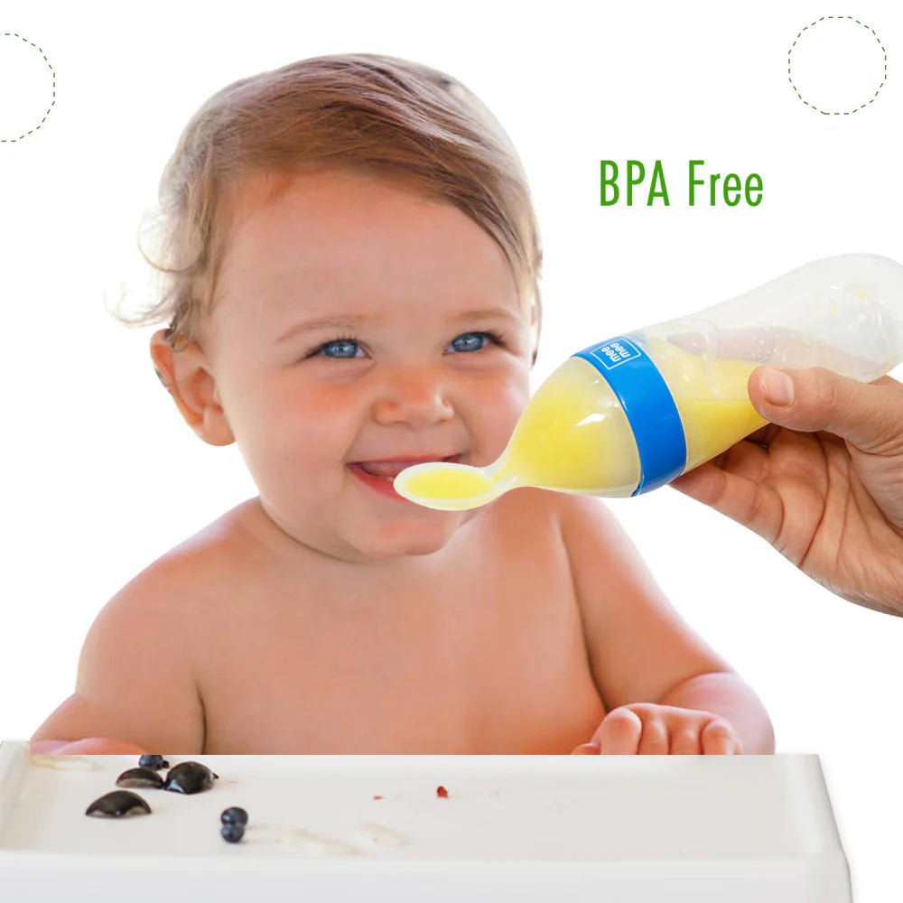 Mee Mee Squeezy Silicone Spoon Food Feeder for Babies of 6 to 12 Months with in-Built Stand (Blue)