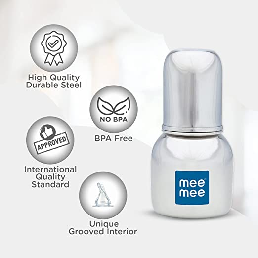 Mee Mee Milk-Safe™ Steel Feeding Bottle With Anti-Colic Teat | Baby Feeding Bottle With Eazy-Flo Nipple™ | 120ml