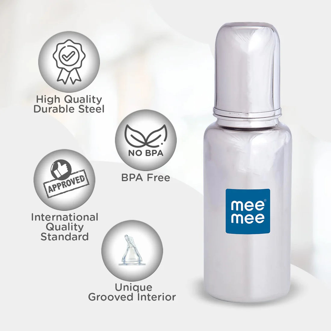 Mee Mee Milk-Safe™ Steel Feeding Bottle With Anti-Colic Teat | Baby Feeding Bottle With Eazy-Flo Nipple™ | 250ml