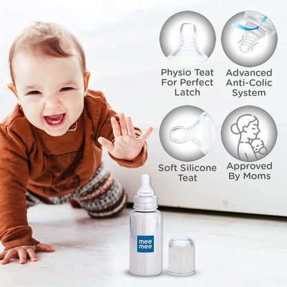 Mee Mee Milk-Safe™ Steel Feeding Bottle With Anti-Colic Teat | Baby Feeding Bottle With Eazy-Flo Nipple™ | 250ml