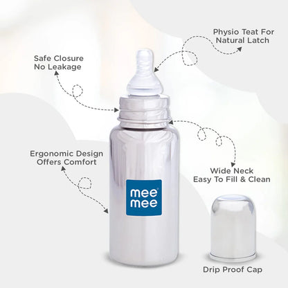 Mee Mee Milk-Safe™ Steel Feeding Bottle With Anti-Colic Teat | Baby Feeding Bottle With Eazy-Flo Nipple™ | 250ml