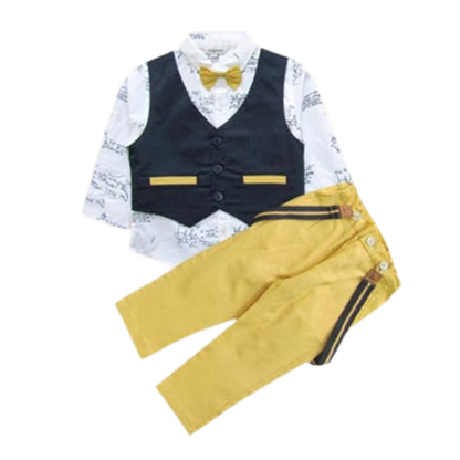 Boys Suspernder Set with White Shirt, Yellow suspender, Waistcoat and Bow