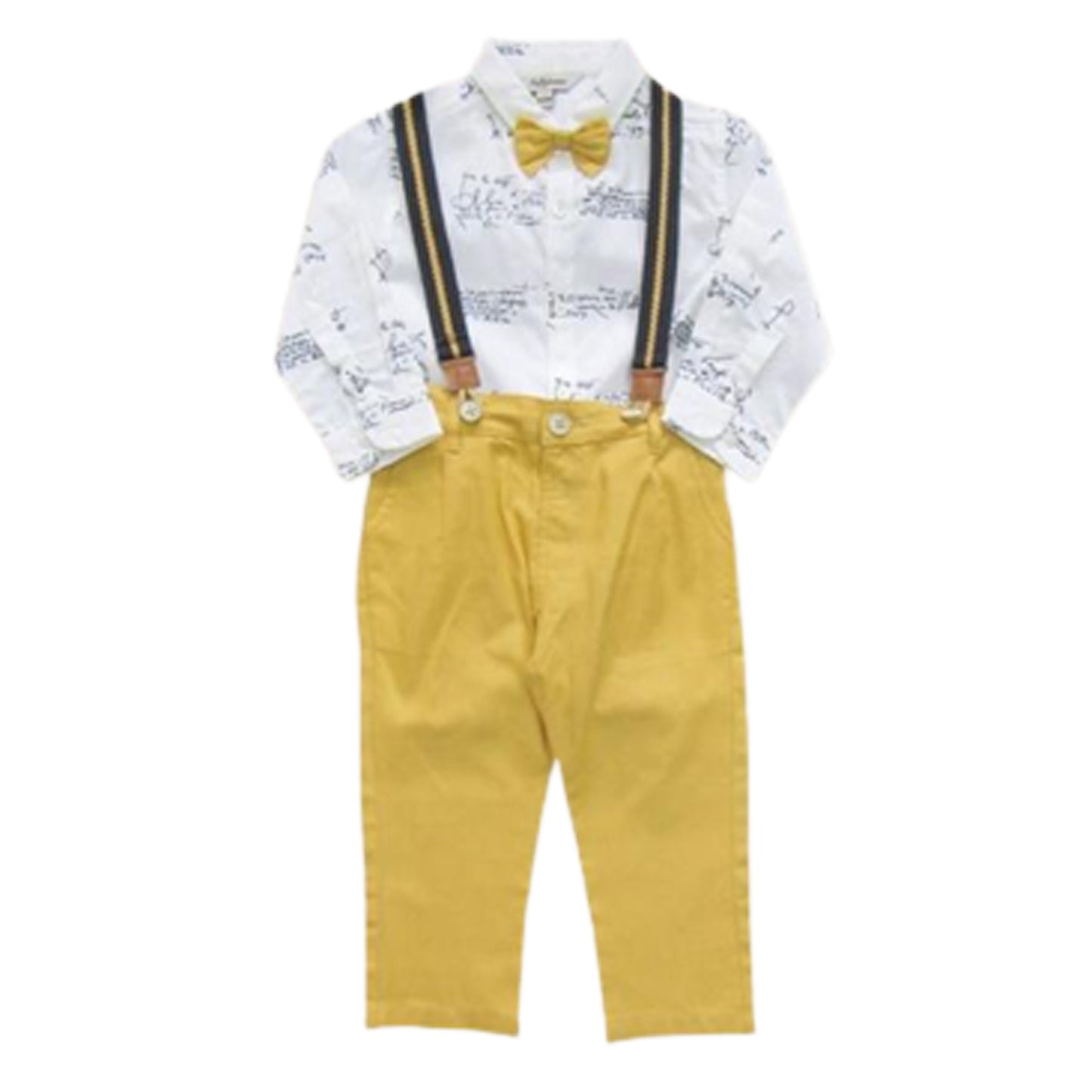 Boys Suspernder Set with White Shirt, Yellow suspender, Waistcoat and Bow