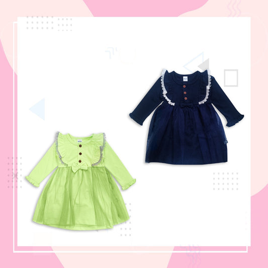 Lace Embellished Casual Dress for Girl Baby - Green and Dark Blue