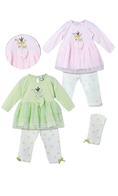 Pink and Green Ruffled Tops with Pants Ensembled with Bow