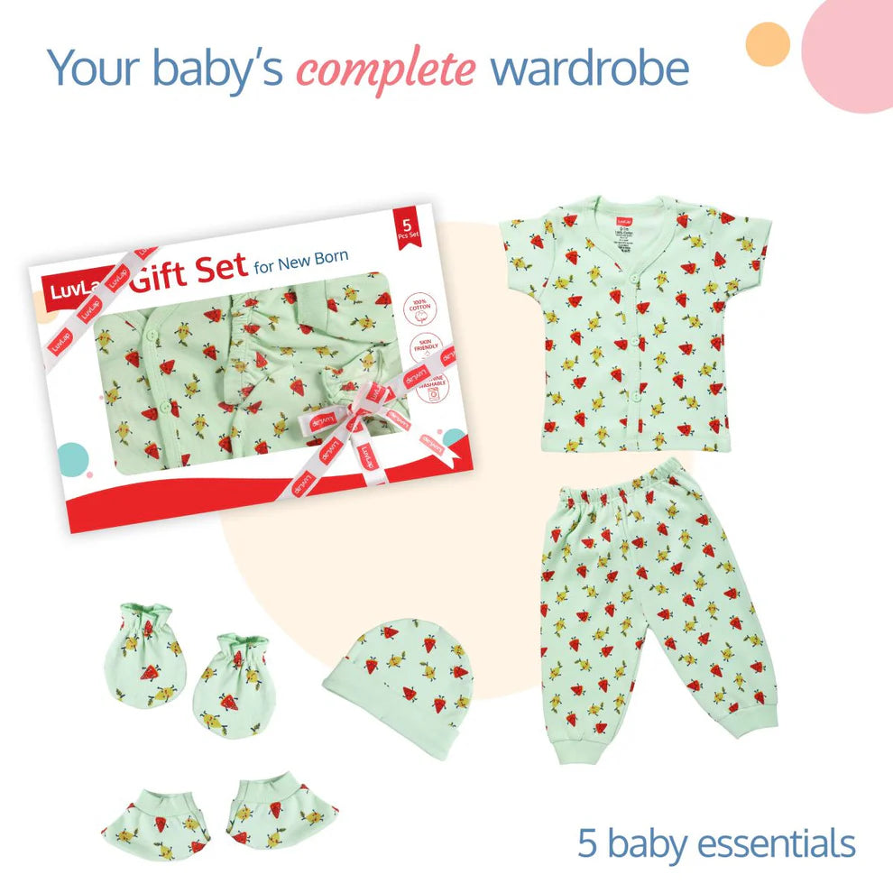 New-born Baby Gift Set of 5, Sea Green Fruits Print