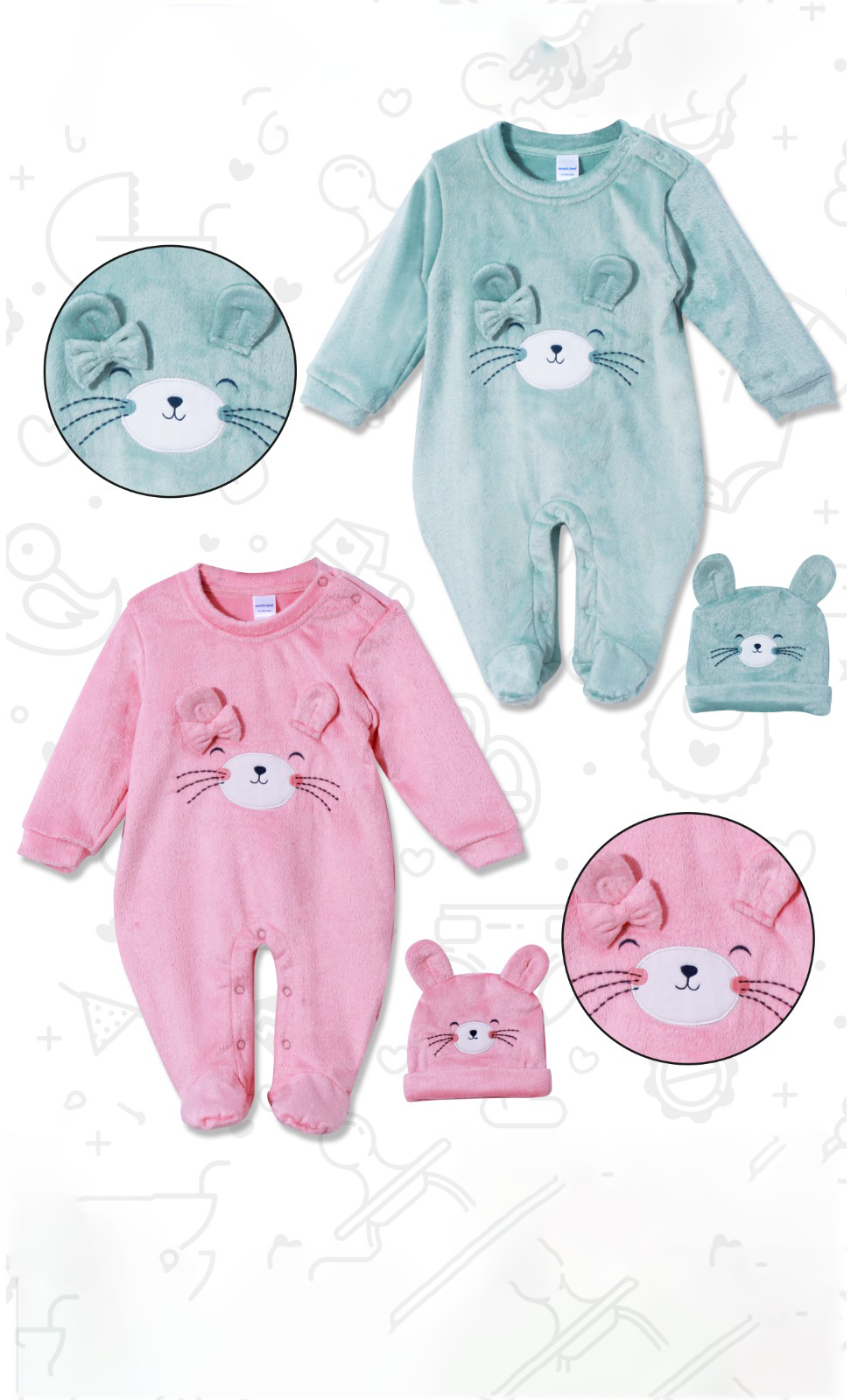 Sleepsuit with Cap for Kids - Pink and Blue