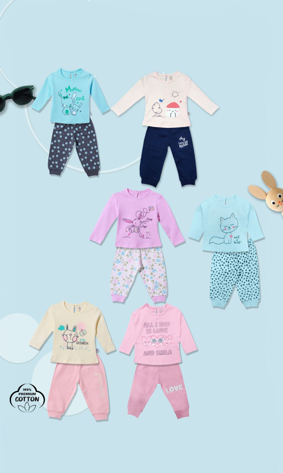 Cartoon Printed T-Shirt and Trousers Set for Newborn - Blue, White, Pink, Pale Blue, Peach, Baby Pink