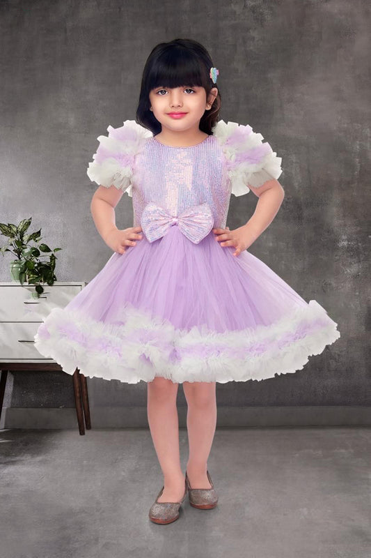 Girls Purple Half Sleeves Ruffle Embellished Party Dress